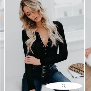 Black long-sleeved Henley thong bodysuit